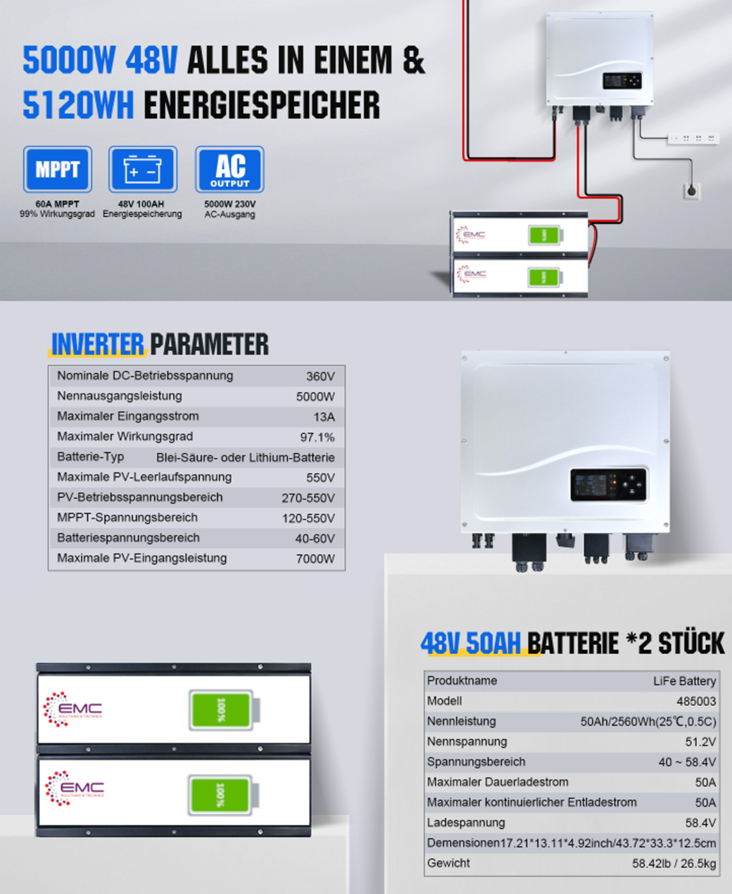 5000 W 48 V Alles in Einem und 5020 WH Energiespeicher